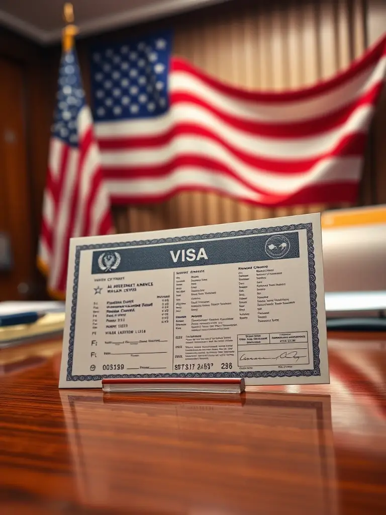 A US visa document with an American flag in the background, symbolizing visa assistance services.