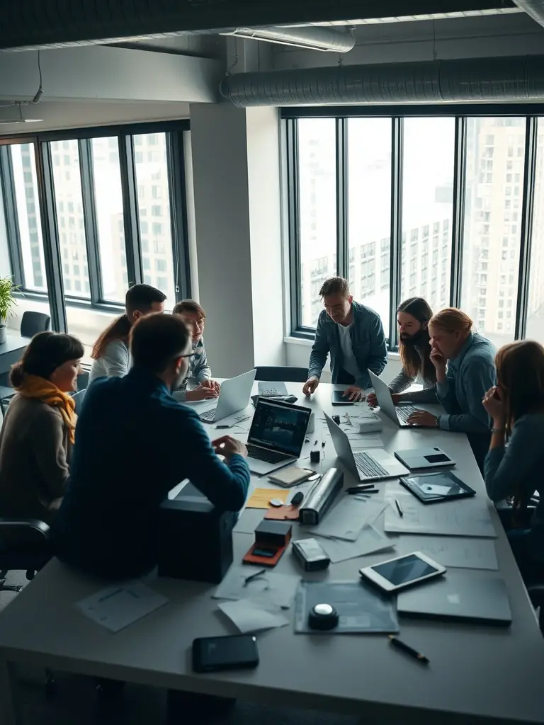A group of diverse professionals collaborating in a modern office space, representing start-up support and business development.