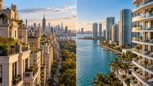 Palazzi residenziali di New York accanto ai grattacieli sul mare di Miami